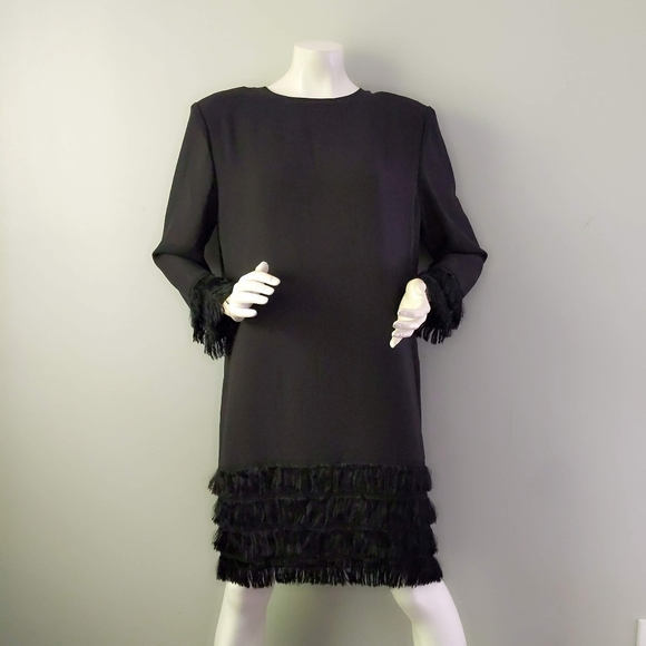 Vintage 1990s Fiandaca Couture Black Fringe Ruffle Bottom Shift Dress L - Picture 6 of 6